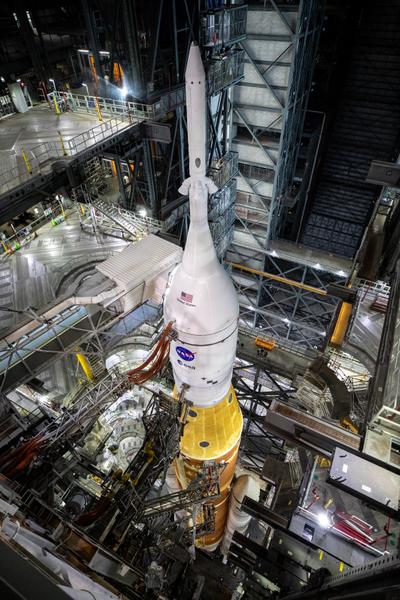 SLS platforms retracted in the VAB, closeup